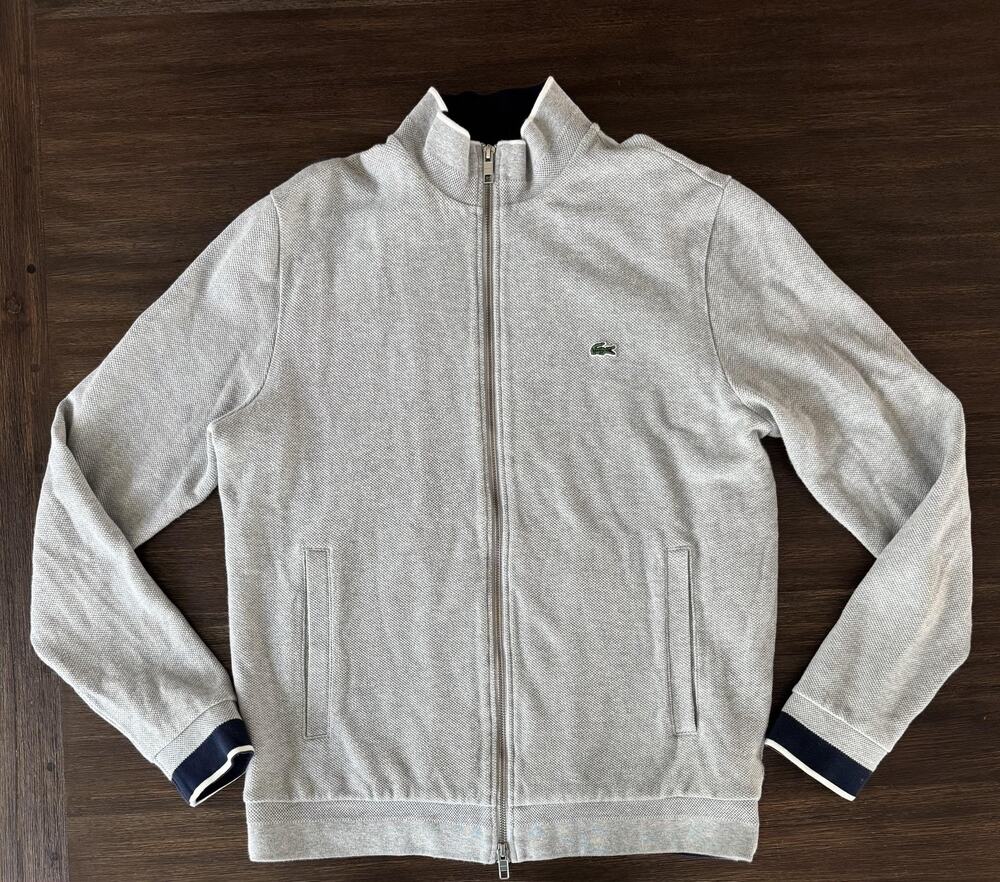 Lacoste Piqué Sweatshirt Jacket Mens Medium Gray Full Double Zip Navy Trim